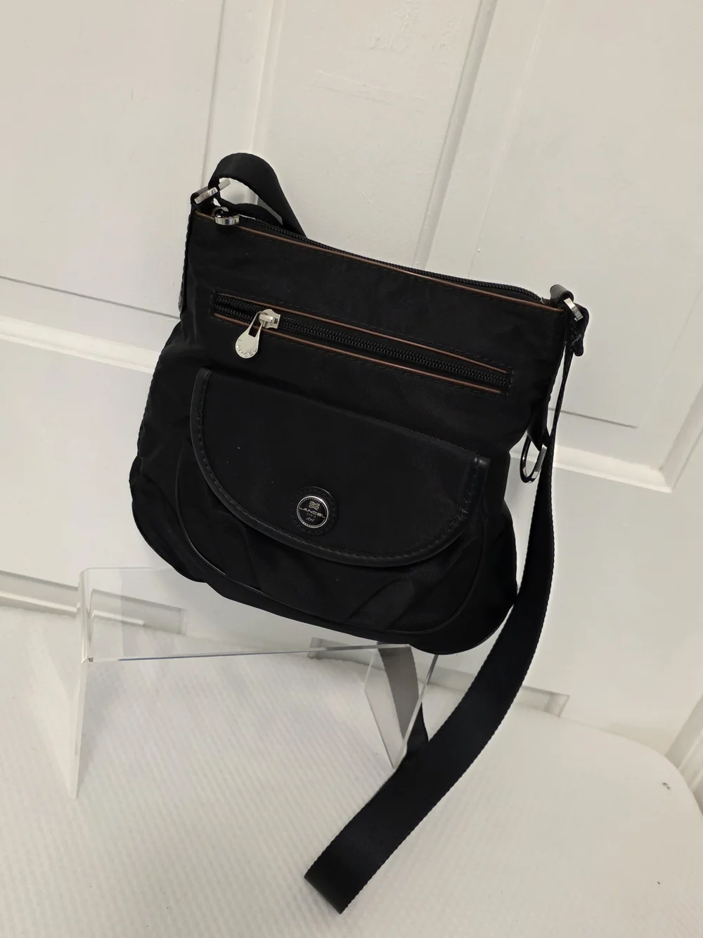 Lancel Paris Black Nylon Crossbody Bag with Front Flap & Zip Pockets Lightweight